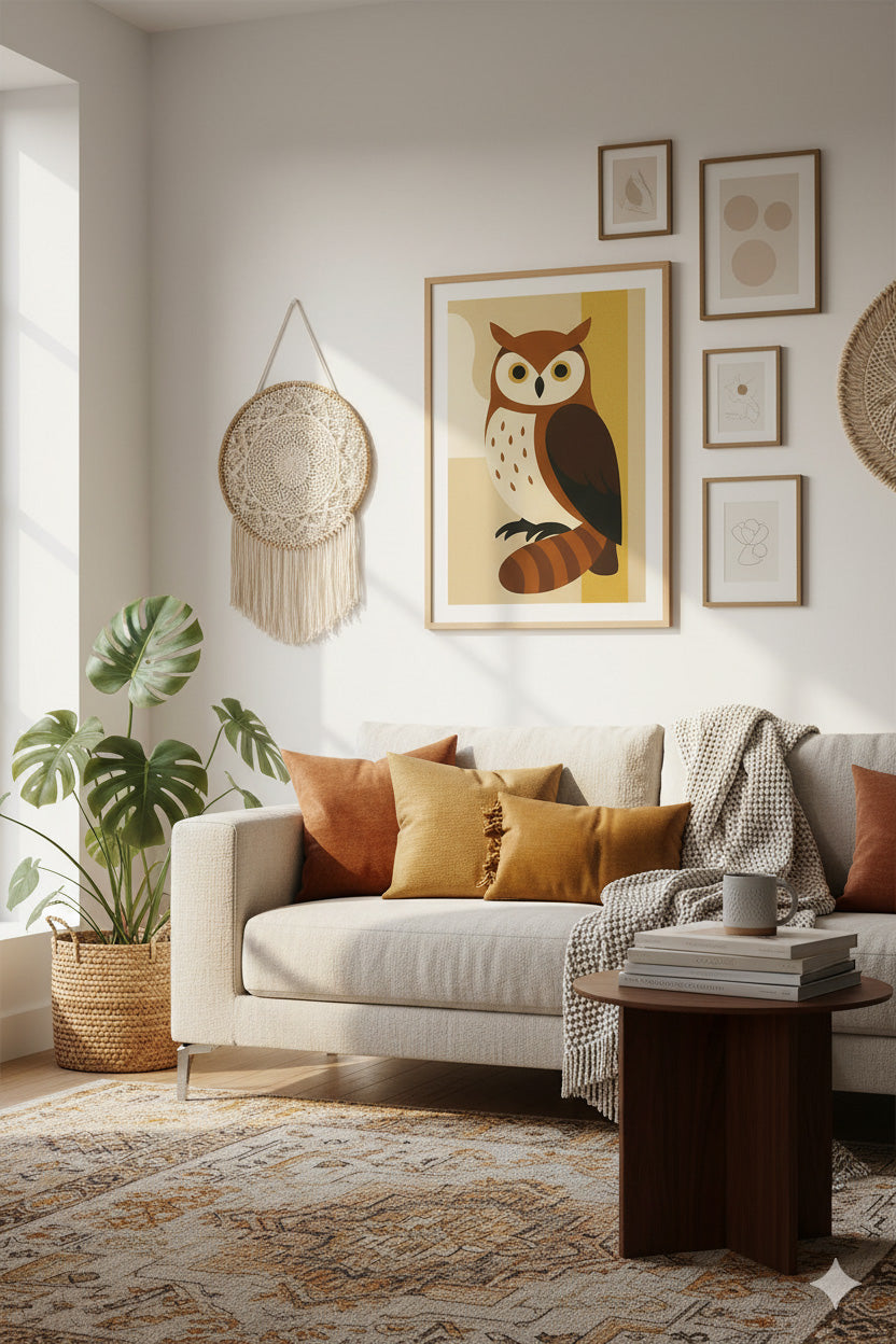 Midnight Gaze – Minimalist Owl Abstract Digital Wall Art | Earth Tone