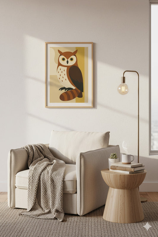 Midnight Gaze – Minimalist Owl Abstract Digital Wall Art | Earth Tone